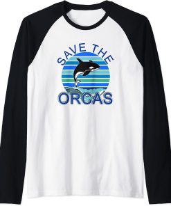 SAVE THE ORCAS SAVE THE WHALES OCEAN BLUE Raglan Baseball Tee