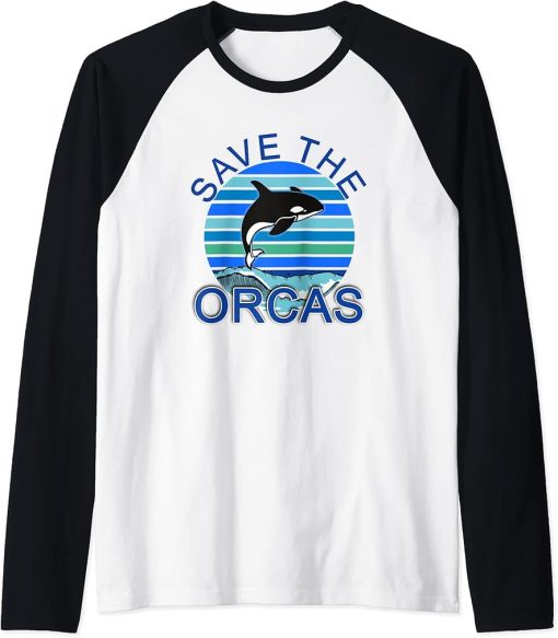 SAVE THE ORCAS SAVE THE WHALES OCEAN BLUE Raglan Baseball Tee