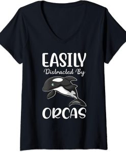 Womens Easily Distracted By Orcas I Orca Whale I Kids Orca V-Neck T-Shirt