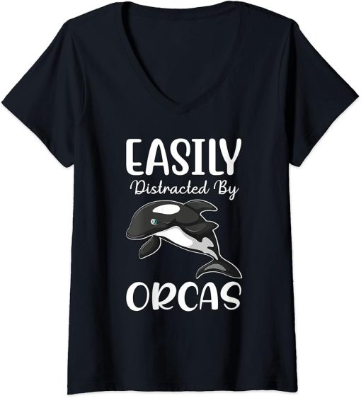 Womens Easily Distracted By Orcas I Orca Whale I Kids Orca V-Neck T-Shirt