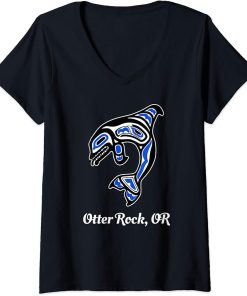 Womens Blue Native American Otter Rock OR Tribal Orca Killer Whale V-Neck T-Shirt