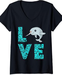 Womens Narwhal Love Ocean Orca Fish Sealife Mammal Whale Lover V-Neck T-Shirt