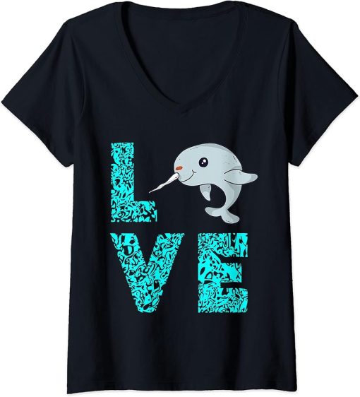 Womens Narwhal Love Ocean Orca Fish Sealife Mammal Whale Lover V-Neck T-Shirt