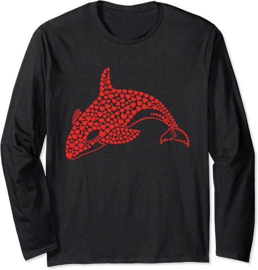 Orcas Killer Whales Sea Ocean Love Heart Red Valentines Day Long Sleeve T-Shirt